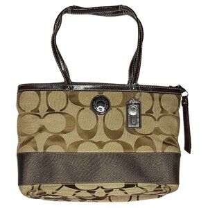 Coach Signature Stripe Tote Brown + Tan with Patent Leather Handles and Zip Top
